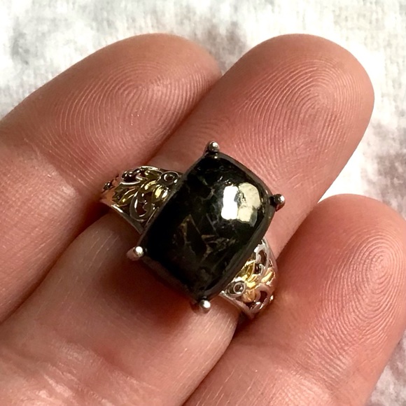 Shungite Ring in Platinum & Gold Over Brass - Picture 2 of 8